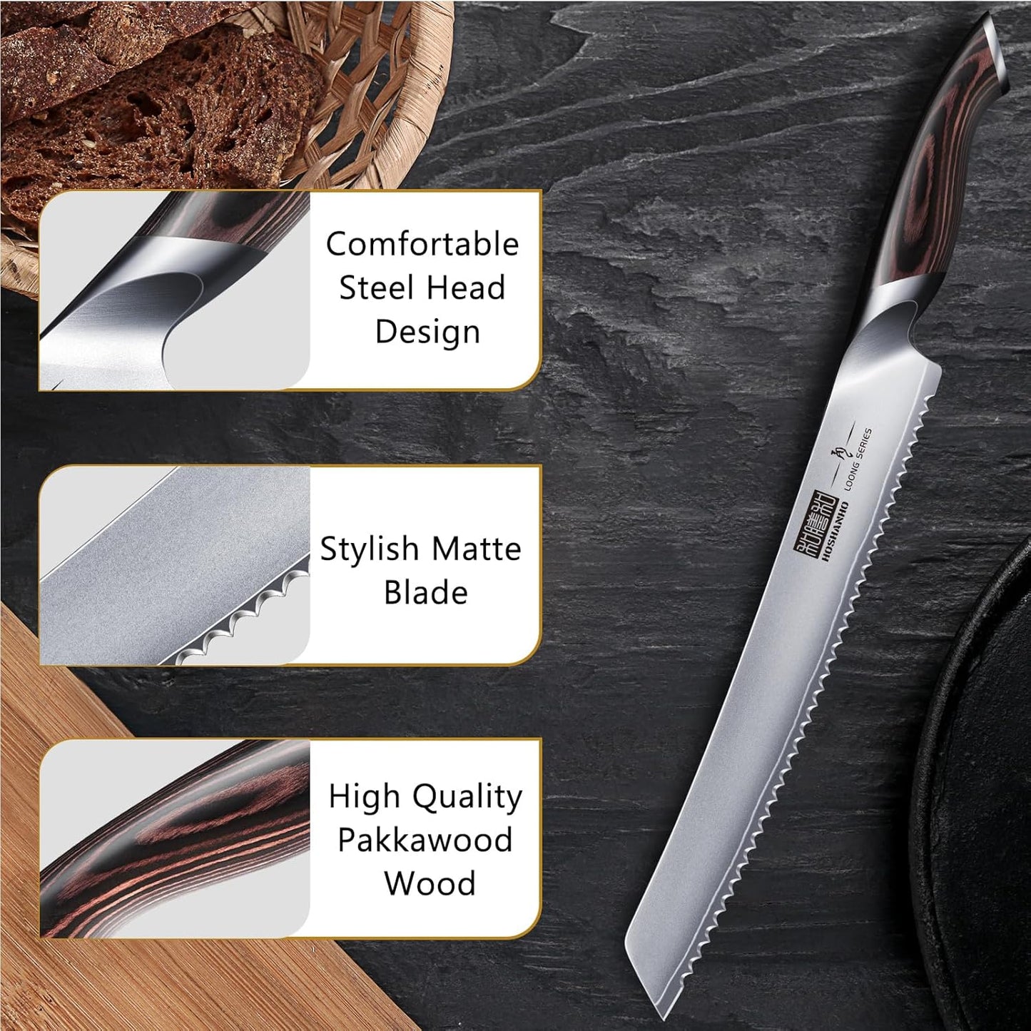 HOSHANHO Bread Knife 10 inch, Japanese High Carbon Stainless Steel Serrated Bread Knives, Professional Bread Cutting Knife for Homemade Bread