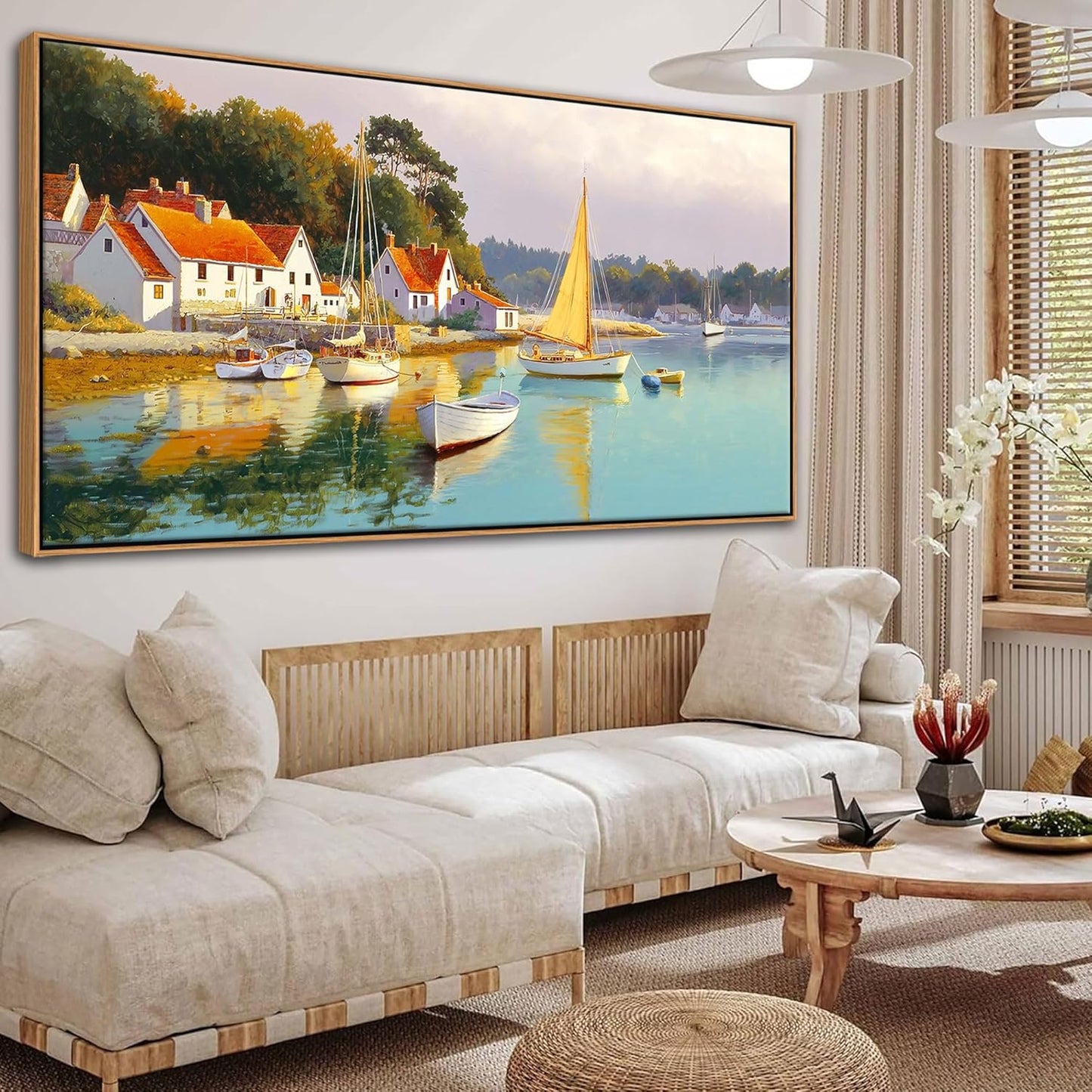 AJAZIKO Coastal Wall Art - Rustic Ocean & boat Canvas Art for Living Room & Bedroom Decor - Framed Landscape Artwork for Walls - Italian Farmhouse & Country Wall Decor Print Pictures29x58IN