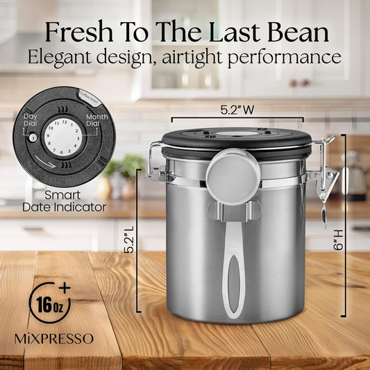 Mixpresso 16 Oz Coffee Canister with Scoop, Stainless Steel Airtight Coffee Container, Air tight Jar Tea Storage with Date Tracker, Vacuum Sealed Espresso Airtight Canister, Sugar Container for Home