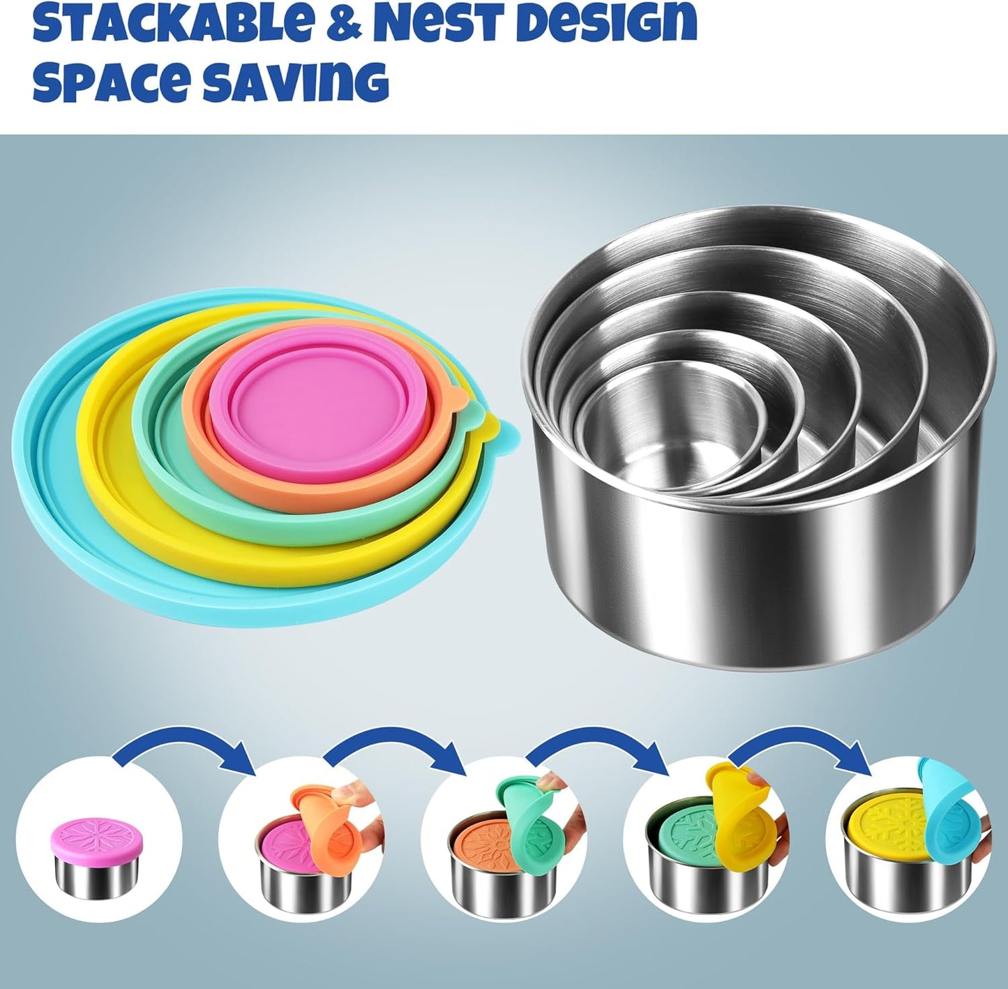 304 Stainless Steel Containers with Lids Small for Lunch, Leak-Proof Stainless Steel Food Storage Containers for Back to School Kids, 5 Pack Stackable (2oz, 4oz, 8oz, 14oz, 24oz)