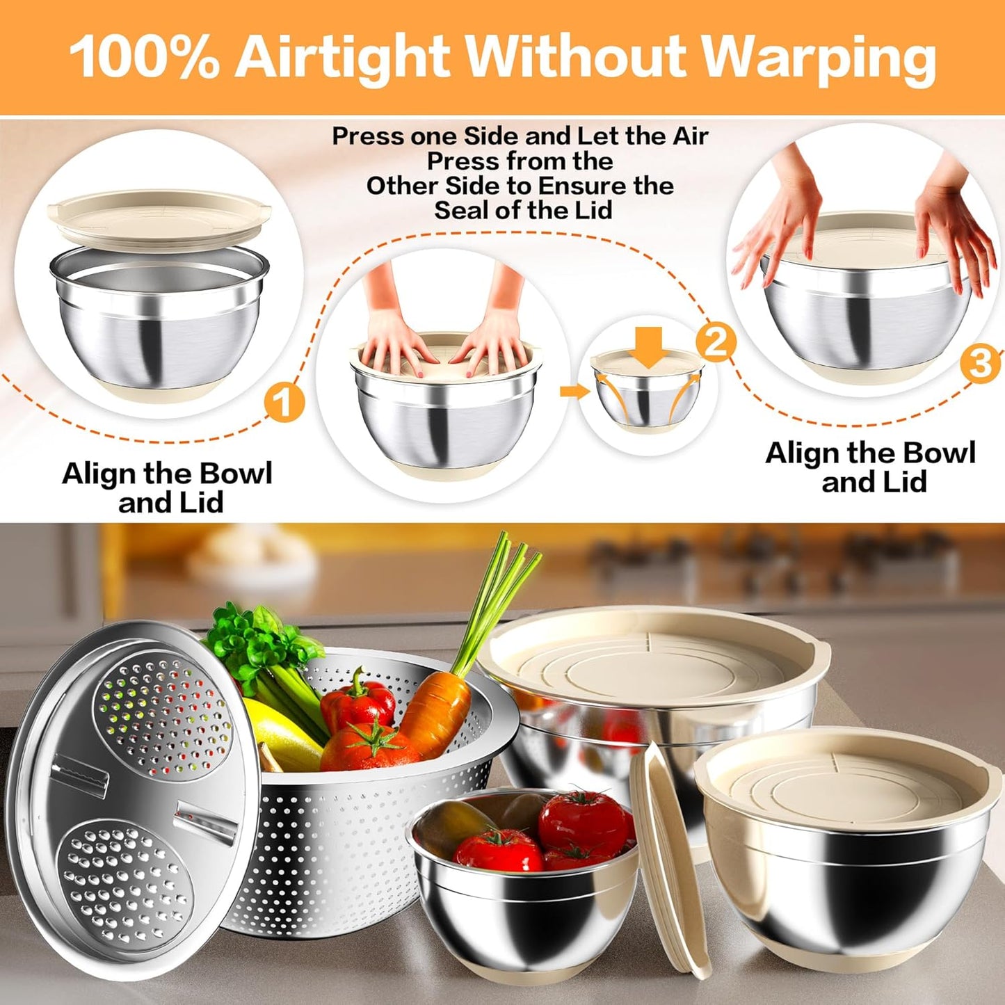 Mixing Bowls with Airtight Lids, Stainless Steel Mixing Bowl Set with 3 Metal Nesting Bowls, Colander & Grater, Non-Slip Bottoms, Size 1.5, 2.5, 5 QT, Great for Mixing & Serving, Khaki