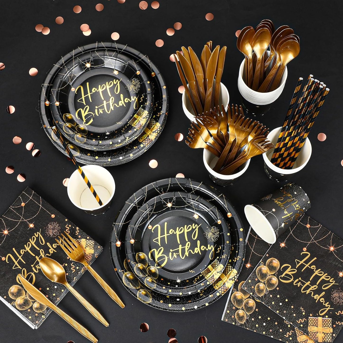Sawysine 202 Pcs Black and Gold Happy Birthday Party Supplies Disposable Dinnerware Set 50 Plates 25 Cups 25 Napkins 25 Plastic Forks 25 Knives 25 Spoons 25 Straw Flag Tablecloth to Serve 25 Guests