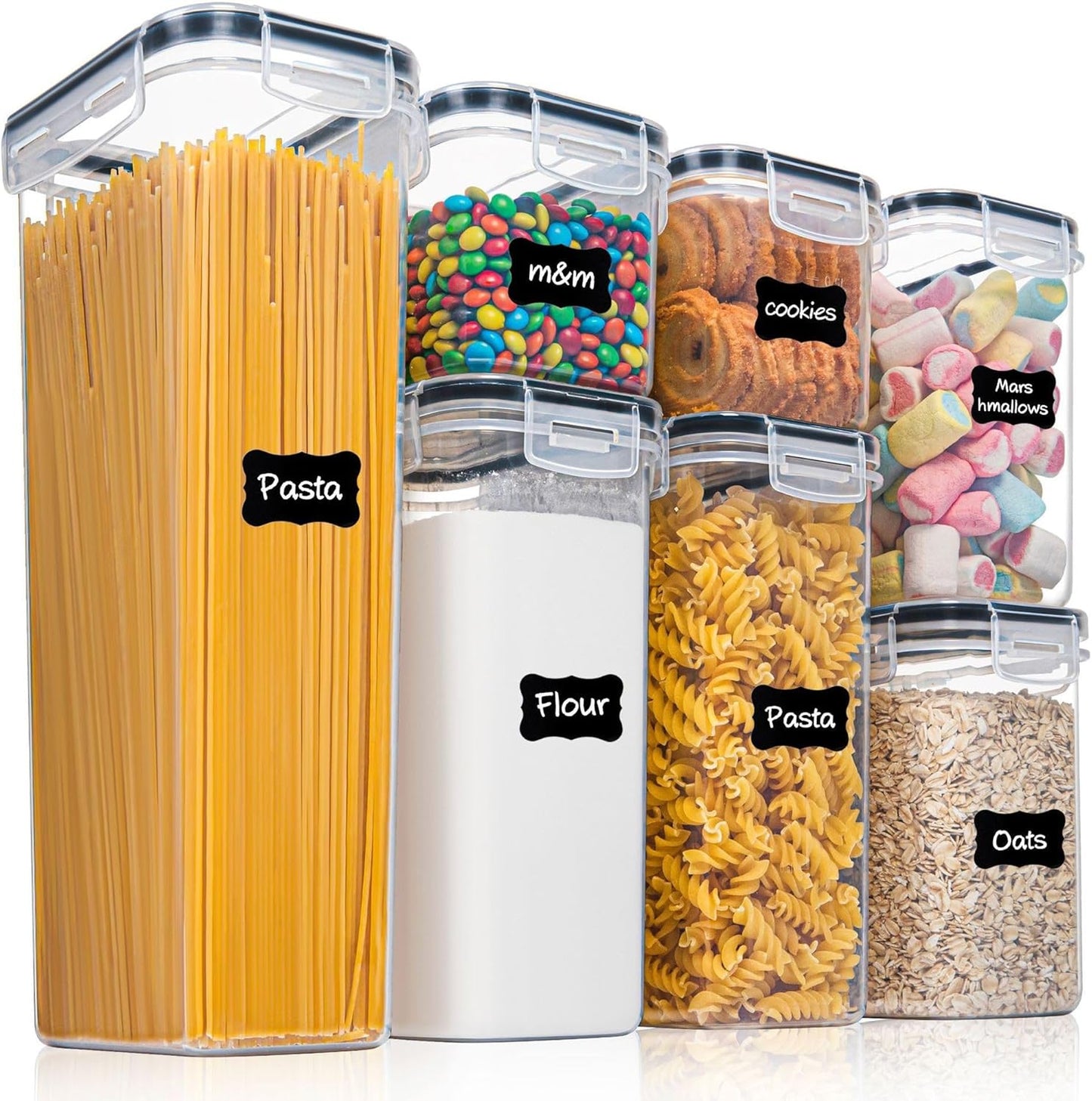Airtight Food Storage Containers Set, Clear Plastic Kitchen Organizers with Labels, Large Capacity for Pasta, Flour, Cereal, Snacks (6)