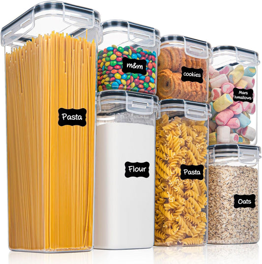 Airtight Food Storage Containers Set, Clear Plastic Kitchen Organizers with Labels, Large Capacity for Pasta, Flour, Cereal, Snacks (6)