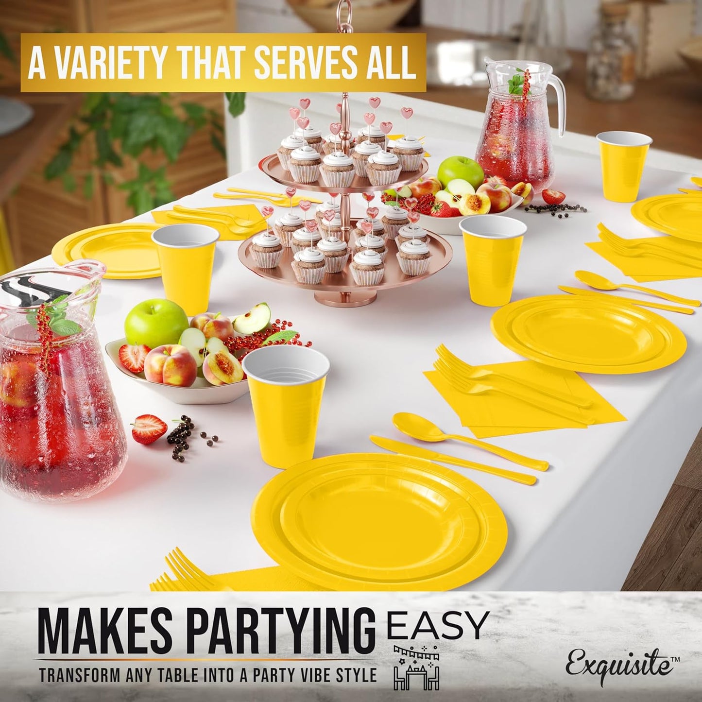 222 Pcs Yellow Paper Plates and Napkins Sets, Disposable Plates For Party, Lunch & Cocktail Napkins Paper, 18oz Plastic Cups, Cutlery and Yellow Table cloth Plastic Dinnerware Set