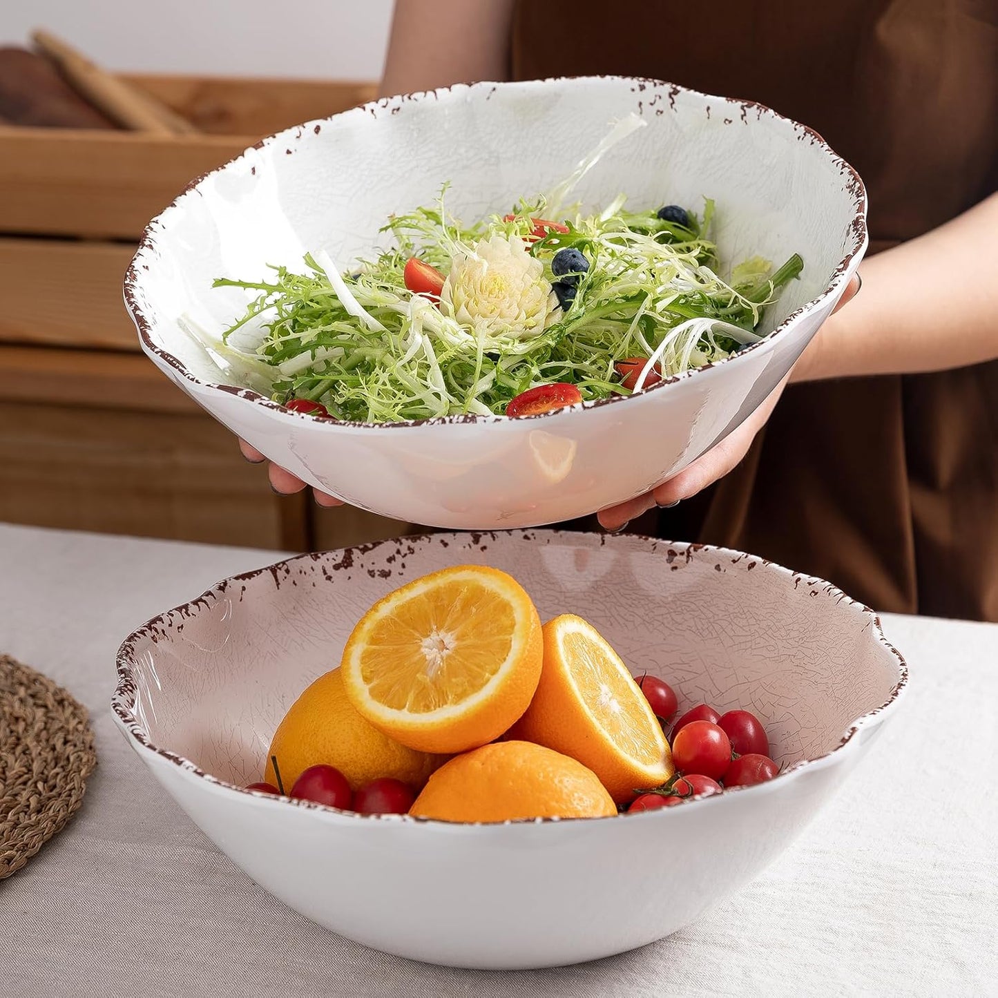 LEHAHA Rustic White Melamine Large Serving Bowl, 2 pieces Set,12 inches (130 OZ) Larger Salad Bowl, Lightweight and Unbreakable Mixing Bowl, BPA Free Melamine Bowls, Dishwasher Safe…