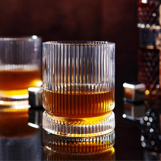 Crystal Old Fashioned Whiskey Glasses Set of 12, 12 Oz Ribbed Bourbon Glass, Ultra-Clarity Double Base Liquor Vodka rocks Cocktail Scotch Tumbler Bar Glasses Set