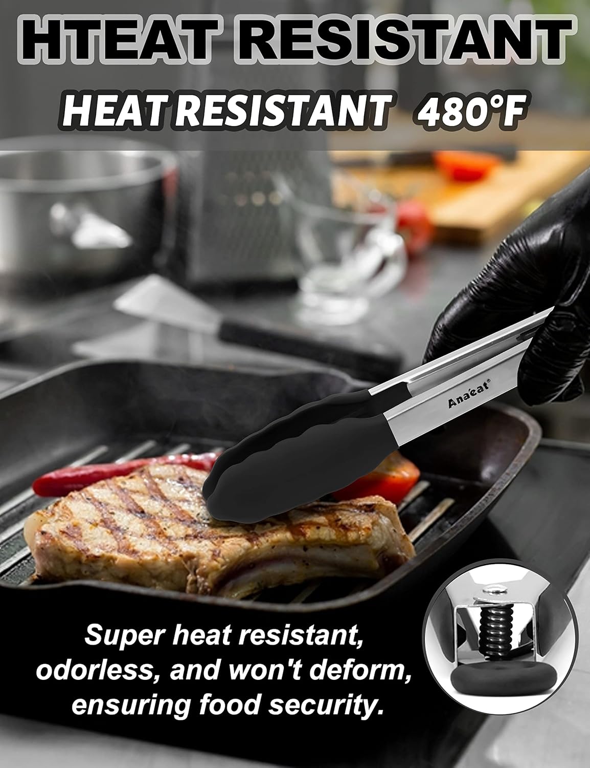 Anaeat Non-Stick Silicone Locking Tong - Stainless Steel 12" Kitchen Food Tongs with Non-Slip Silicone Tips and Grip for Cooking, Baking and BBQ - Heat Resistant up to 480°F (Black)