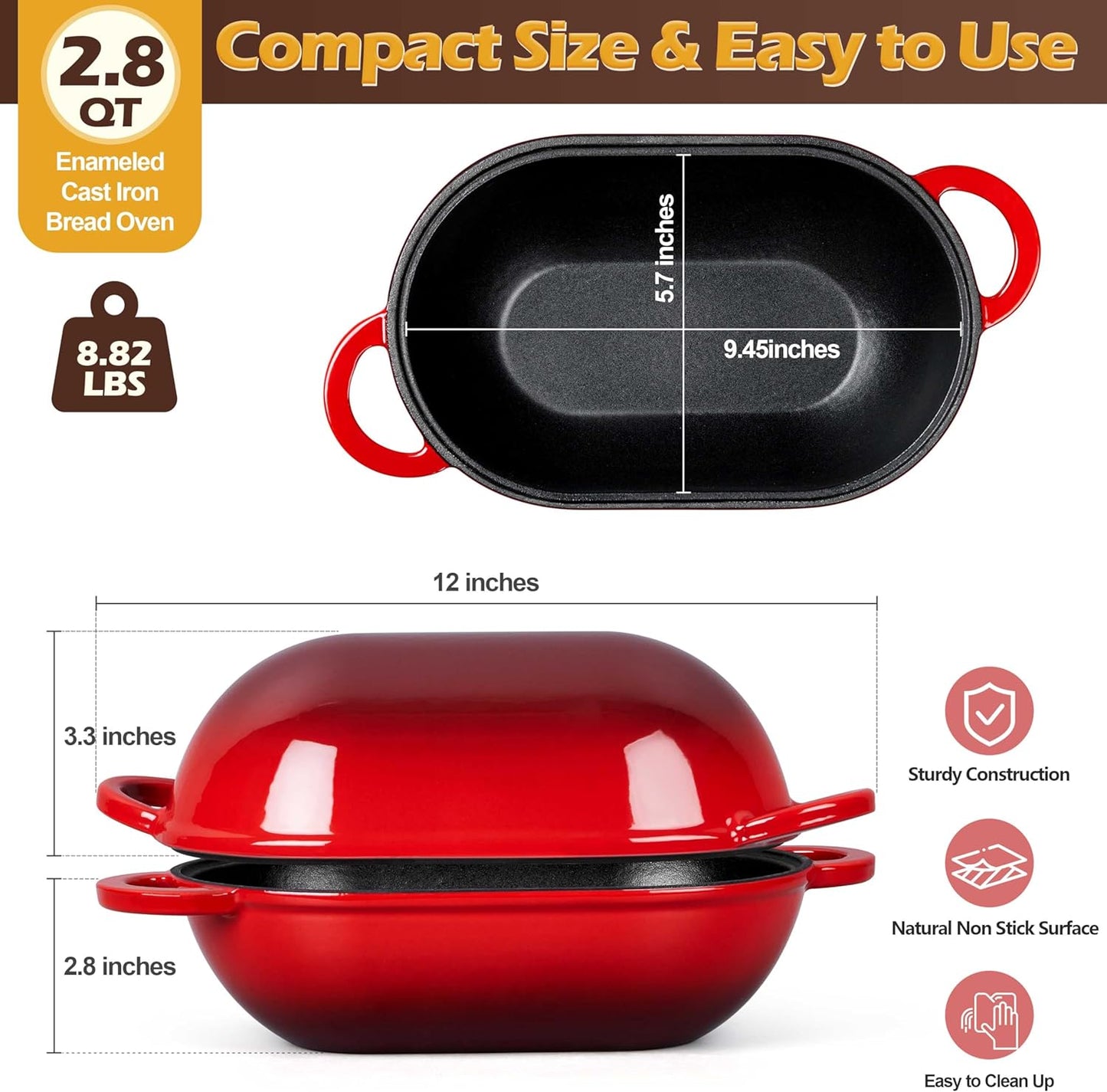 Homikit Enameled Cast Iron Dutch Oven for Bread Baking, 2.8 QT Oval Bread Oven Pot with Lid, Sourdough Loaf Iron Dutch Oven Pan for Roasting Cooking, Red & Heavy Duty