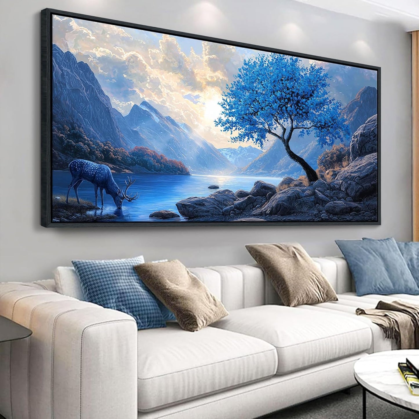 HKDGOKA Landscape Canvas Wall Art, Large Blue Gray Mountain Lake Tree Eagles Deer Framed Paintings Artwork Modern Wall Picture for Living Room Bedroom Kitchen Farmhouse Decor 24x48 IN