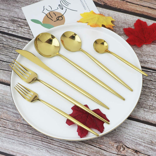 JASHII 24 Pieces Cutlery Flatware Set 304 Stainless Steel Home Kitchen Set, Mirror Polished, Knife/Fork/Spoon, Modern Elegant Tableware Set for Party, Christmas, Dinner (Gold)