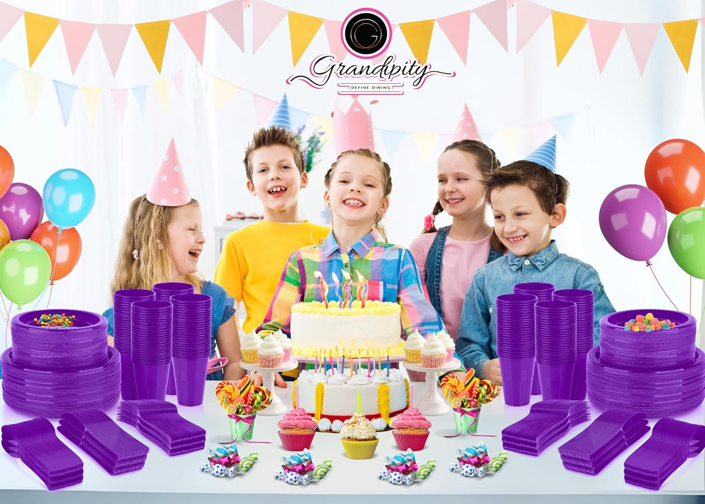 Grandipity 720 Piece Purple Disposable Dinnerware Set, Plastic Dinnerware Set Includes 120 Count 9' Dinner Plates, 7' Dessert Plates, 12oz Cups, Forks, Knives & Spoons