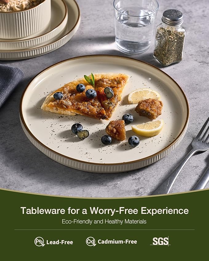 Famiware Star Dinnerware Set, Plates and Bowls Sets for 8 (24pcs), Ribbed Stoneware Dishes - Chip & Scratch Resistant, Microwave & Dishwasher Safe, Cream