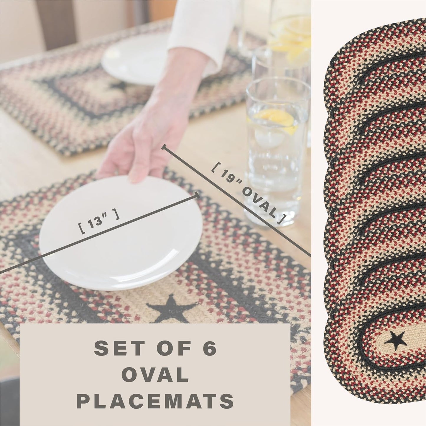 Homespice Primitive Star Gloucester Jute Braided Oval Placemats, Warm Primitive Decor, Set of 6, 13x19 Black and Red Table Mats - Vibrant Colors, Durable, Easy to Clean and Protects Furniture