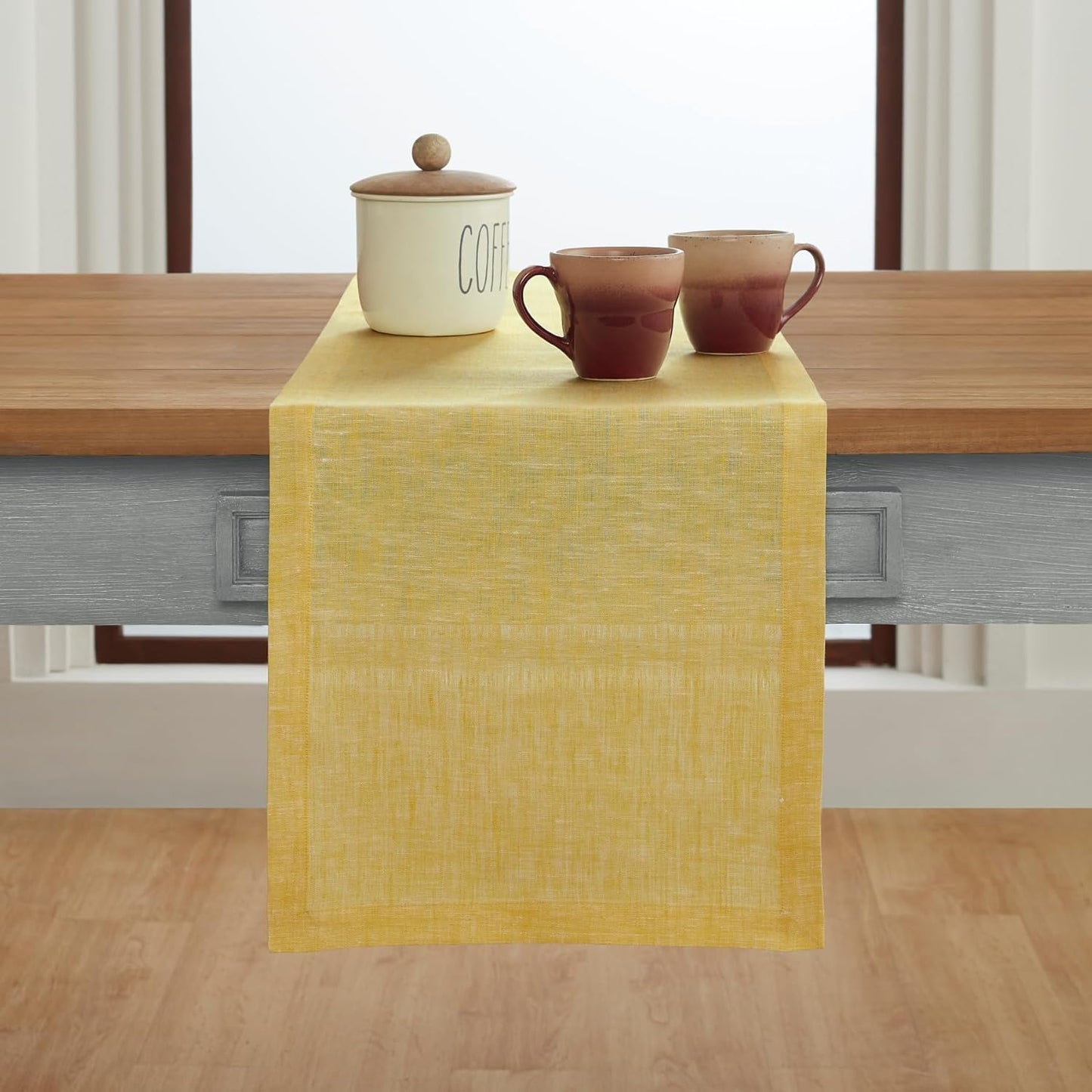Solino Home Linen Table Runner 156 Inches Long - Athena, 100% Pure Linen Chambray Lemon Yellow Table Runner 14 x 156 Inch for Dining