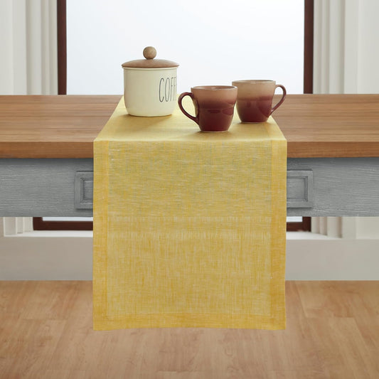Solino Home Linen Table Runner 156 Inches Long - Athena, 100% Pure Linen Chambray Lemon Yellow Table Runner 14 x 156 Inch for Dining