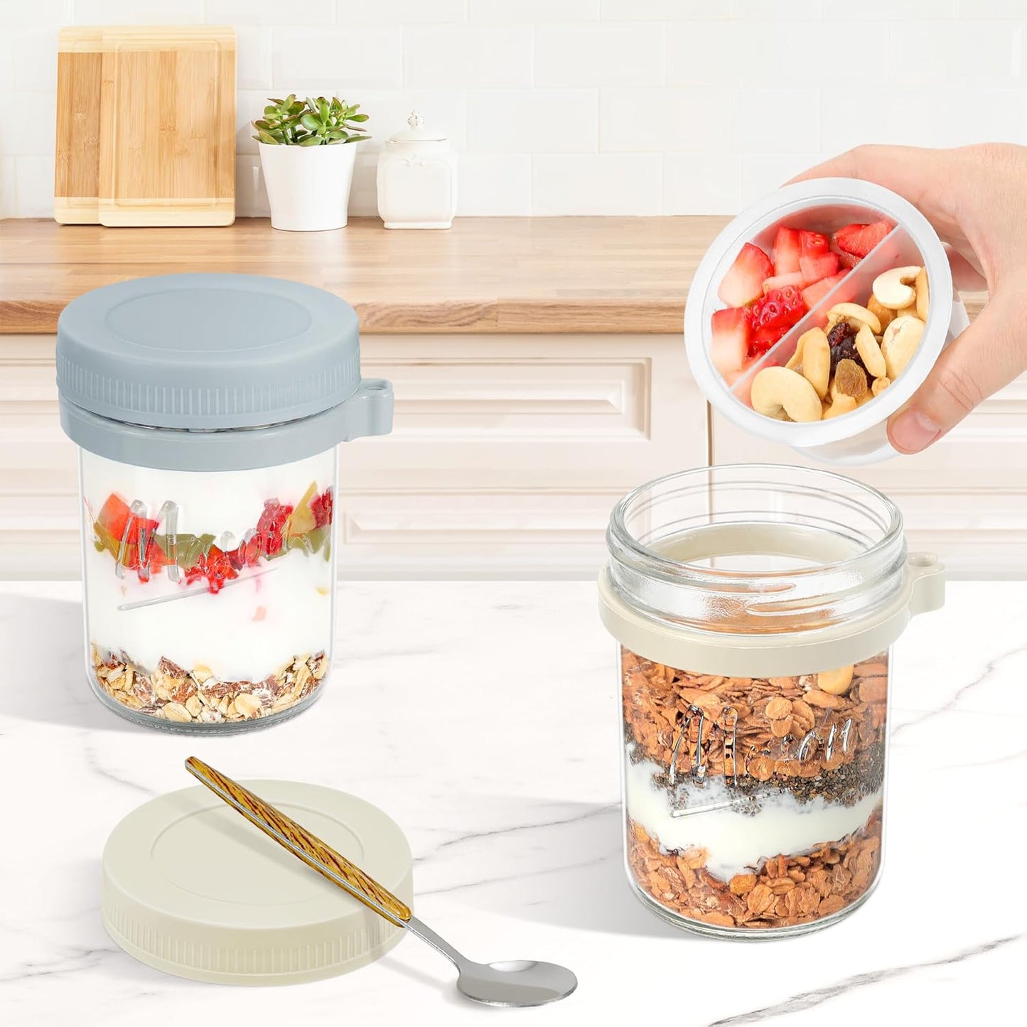 2 Pack Overnight Oats Containers with Lids and Spoons, 16 oz Mason Jars with Removable Separate Compartments, Airtight and Leak-Proof Glass Jars for Chia Pudding, Yogurt, and Oatmeal