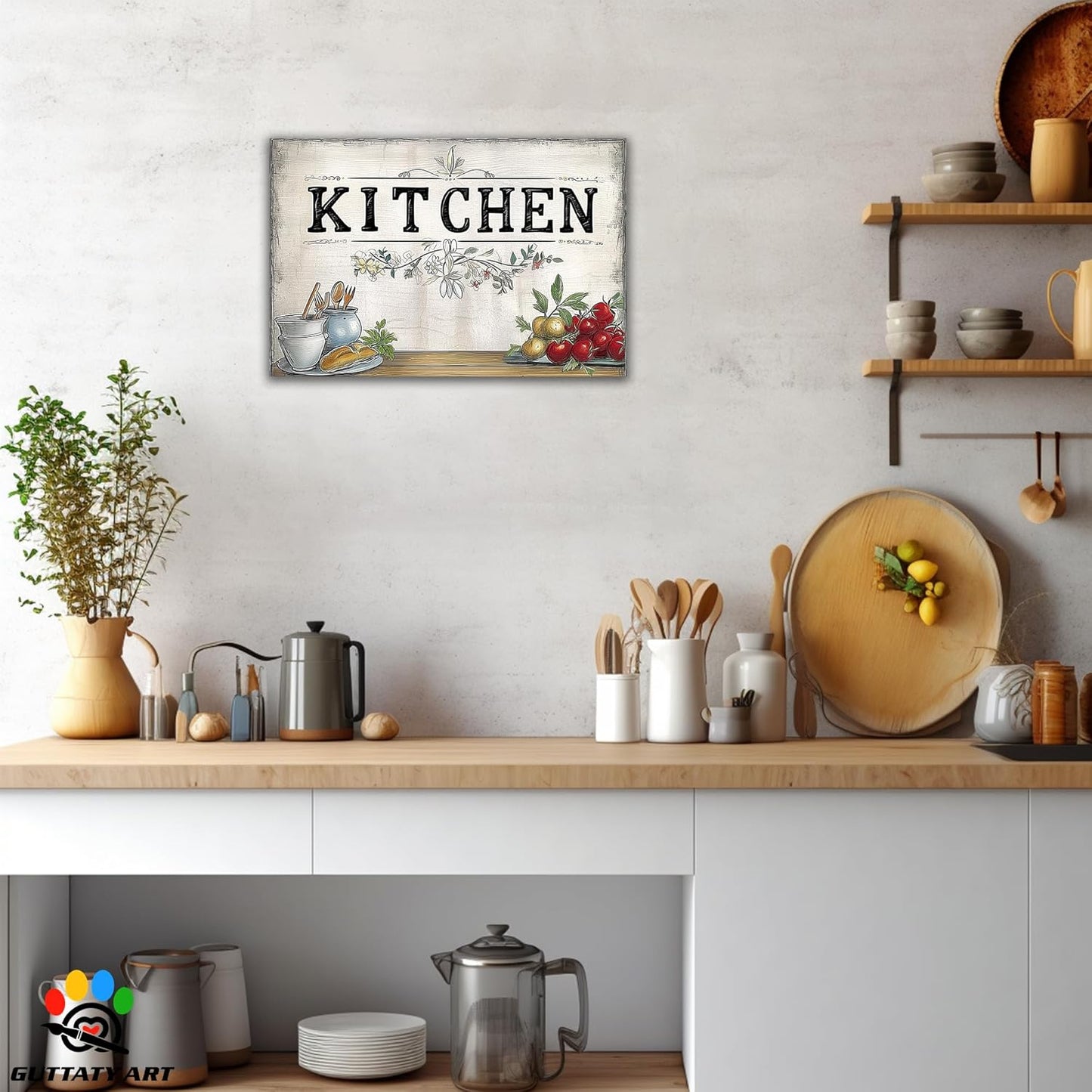 GUTTATY Farmhouse Wall Art Rustic Kitchen Decor, Ready to Hang Kitchen Canvas Print Spoon And Tomato Retro Posters Prints for Dinning Room Home Kitchen Restaurant Painting 12×18 Inch