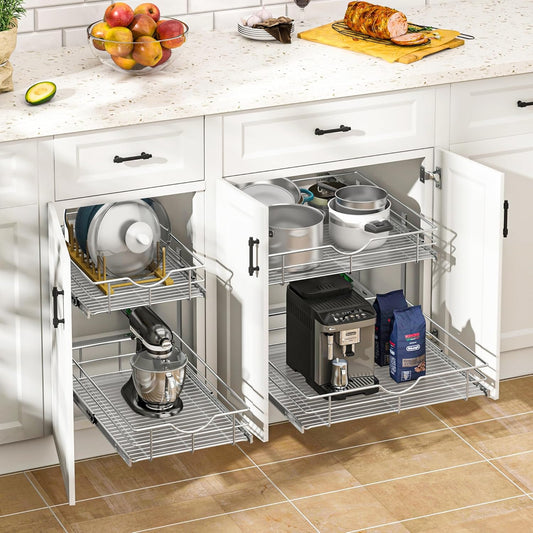 WelFurGeer 2-Tier Kitchen Cabinet Pullout Shelf and Drawer Organizer, Soft Close Pantry Pull Out Shelves, Heavy Duty Pull Out Cabinet Organizer with Shelf Liner for Kitchen Cabinets, Pantry Storage