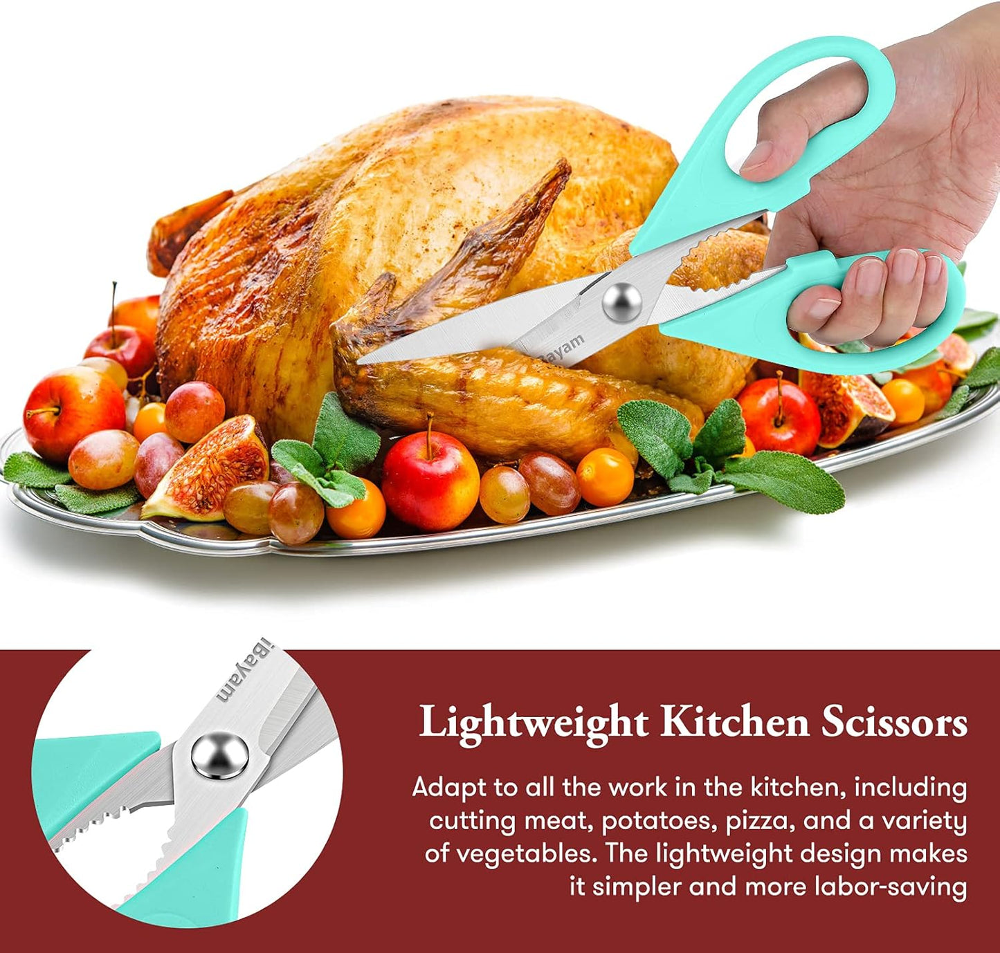 iBayam Kitchen Scissors - All Purpose Heavy Duty Meat Scissors, Poultry Shears, Dishwasher Safe, Stainless Steel, 2-Pack, Pastel Pink, Mint Blue