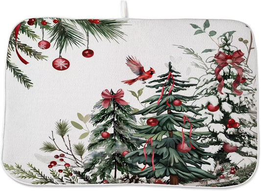 Christmas Dish Drying Mat 18 x 24 inch Winter Christmas Tree Pine Trees Decorative Drying Mats Microfiber Absorbent Xmas Decor Dish Washable Draining Mat for Kitchen Counter