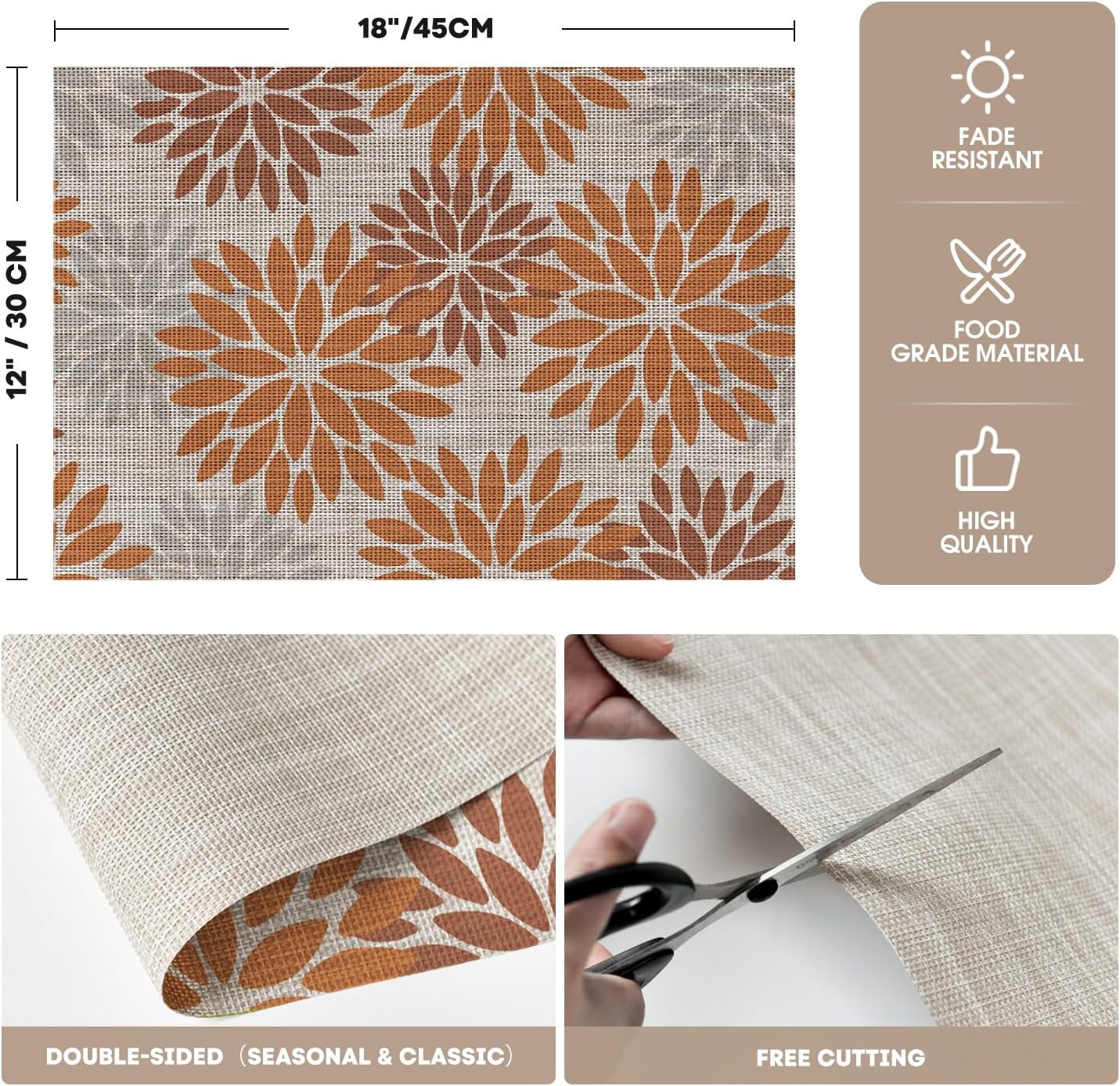 Artoid Mode Floral Vinyl Fall Placemats Set of 4, 12x18 Inch Thanksgiving Vintage Washable Non-Slip Plastic Place Mats for Party Kitchen Dining Decor, Orange
