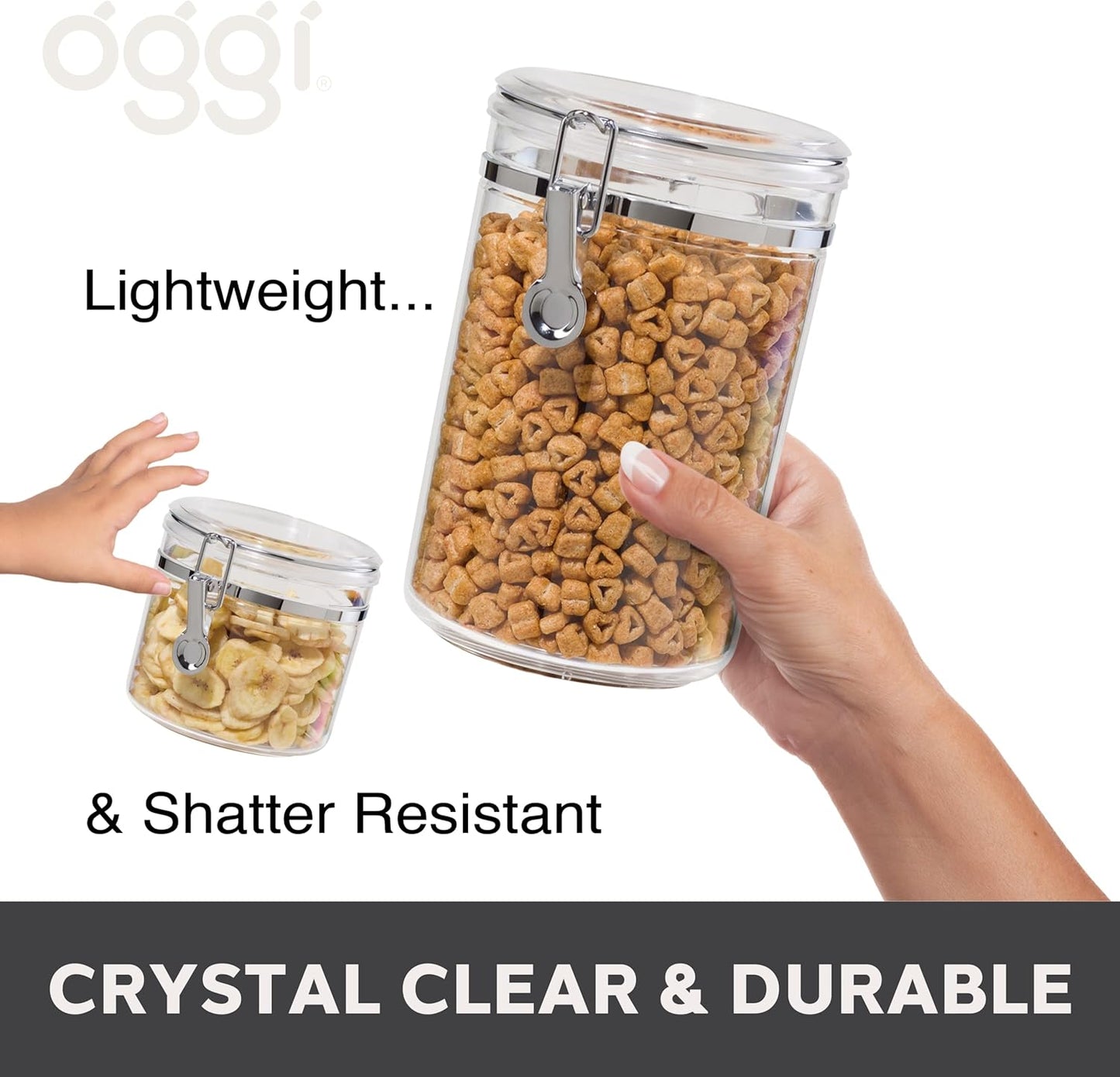 Oggi 4pc Clear Canister Set with Clamp Lids Airtight Containers in Sizes Ideal for Kitchen & Pantry Storage of Bulk, Dry Foods Including Flour, Sugar, Coffee, Rice, Tea, Spices & Herbs (Pack of 3)