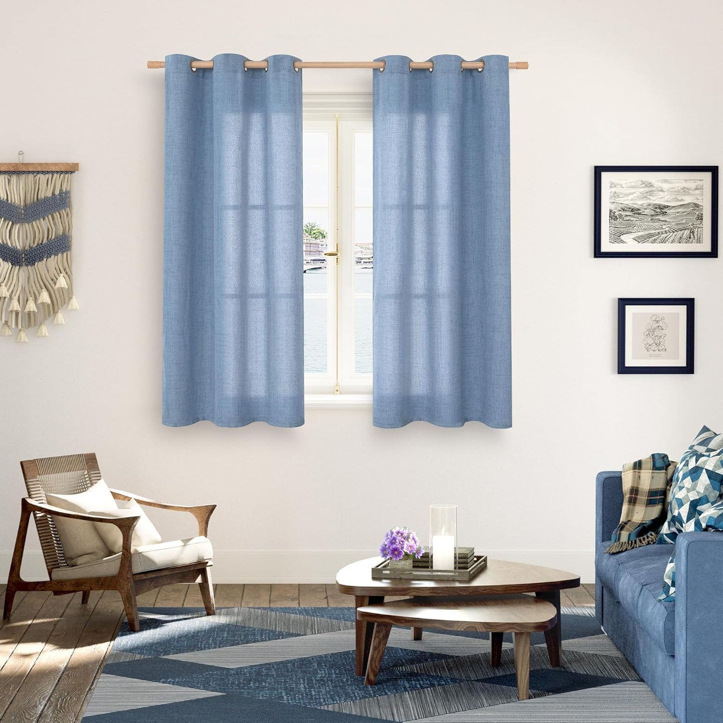 YoungsTex Blue Linen Curtains 54 Inches Length for Short Window - Bronze Grommet Light Filtering Drapes Privacy for Bedroom Kitchen Bathroom Decorative, 42 x 54 Inch, 2 Panels
