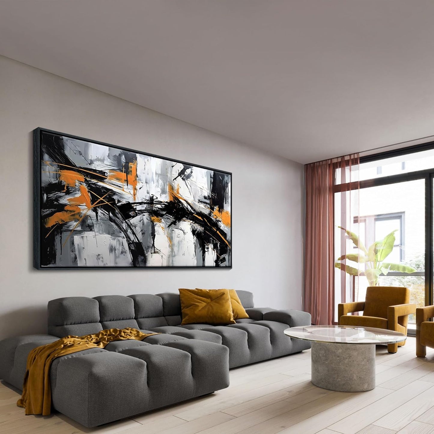 Framed Large Abstract Canvas Wall Art Modern Wall Art for Living Room - Canvas Wall Decor for Office and Home - Framed Artwork for Walls Black, White, Gray and Unique Orange Accents 29×58in