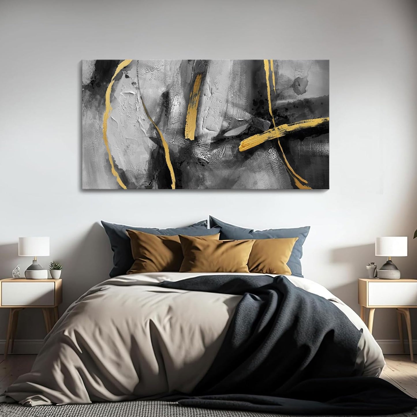 Large Canvas Wall Art Decor - Abstract Black and Gray Wall Pictures Living Room Hand-Painted Dream Painting Golden Canvas Prints as Bedroom Kitchen Dining Room Cafe Home Decor 24X48 In