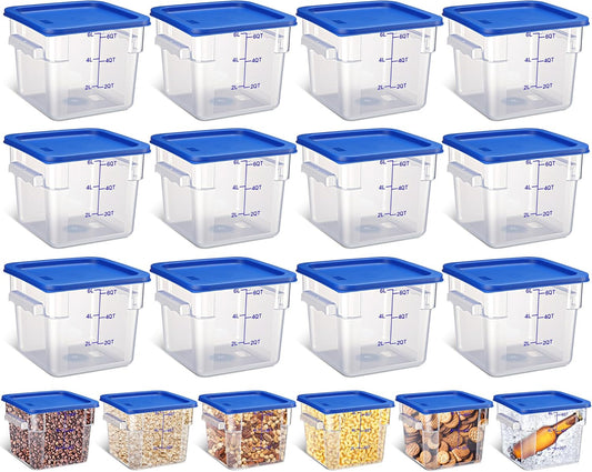 Yungyan 12 Pcs 4 Qt Commercial Food Storage Containers with Lids Restaurant Square Airtight Food Storage Containers Clear Cereal Containers for Kitchen Freezer Dishwasher Pantry(Blue Lid)