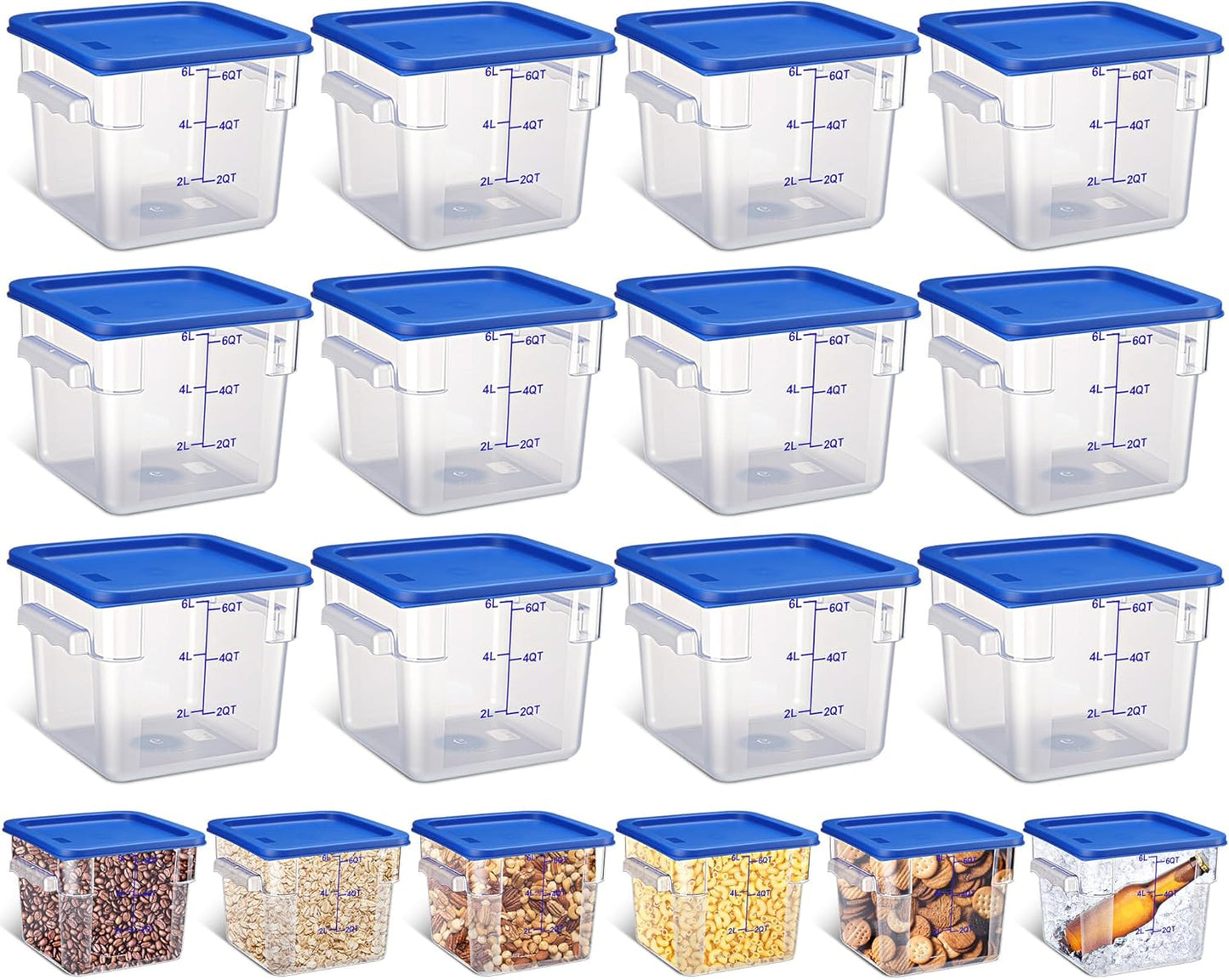 Yungyan 12 Pcs 6 Qt Commercial Food Storage Containers with blue Lids Restaurant Square Airtight Food Storage Containers Clear Cereal Container for Kitchen Freezer Dishwasher Pantry