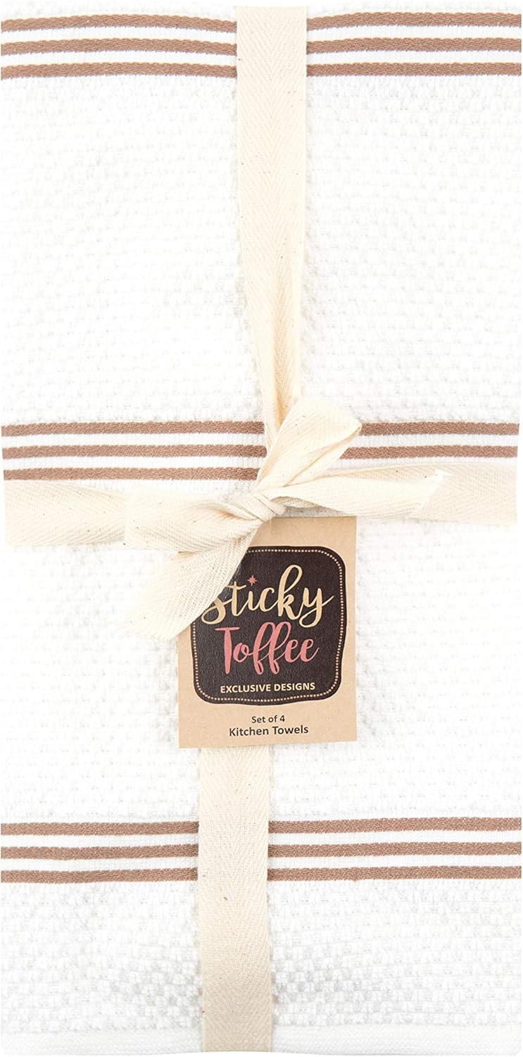 Sticky Toffee Cotton Kitchen Towels Set of 4 – Brown and White Hand Towels 28x16 in, Reusable and Absorbent Tea Towels for Cleaning or Drying, Oeko-Tex Cotton