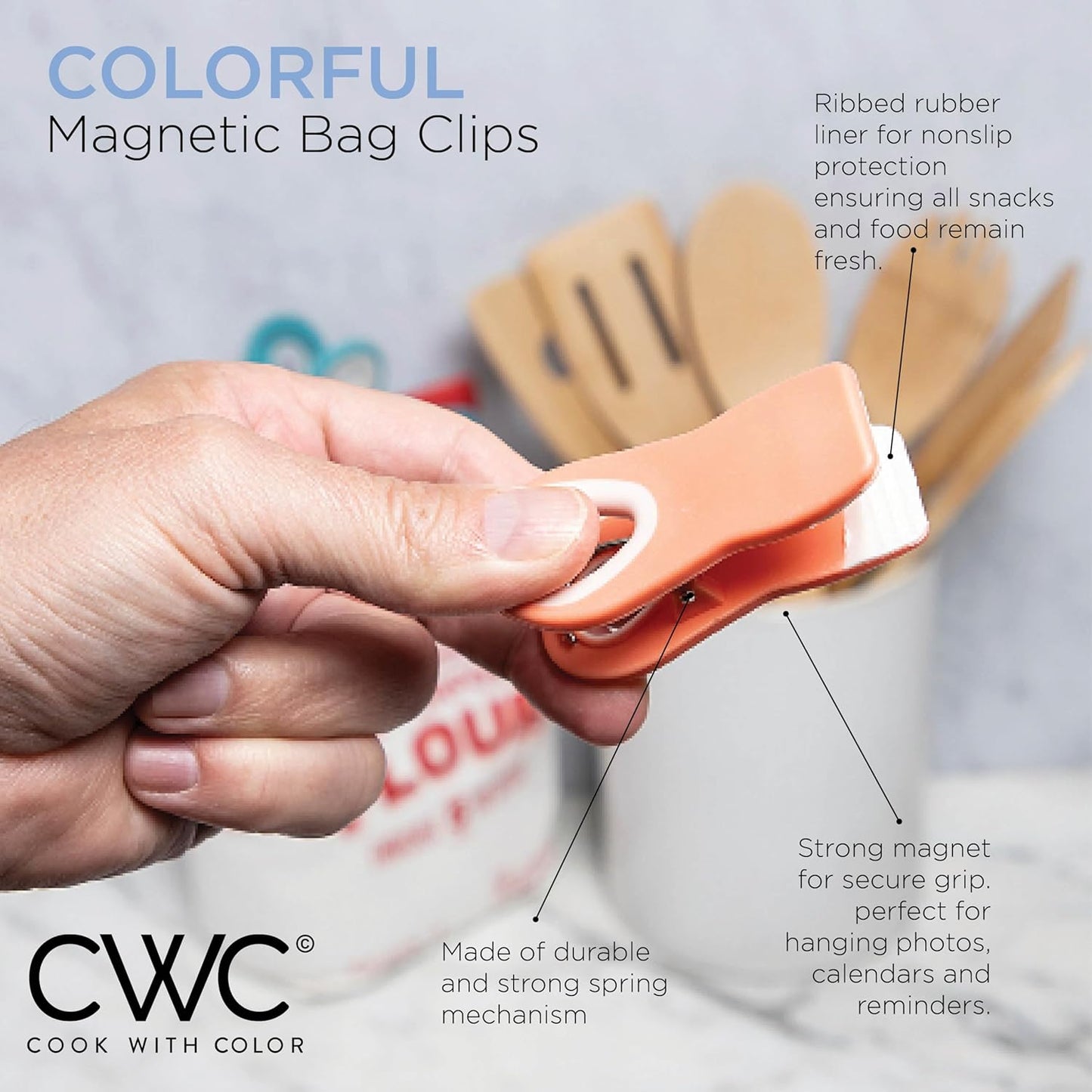 COOK WITH COLOR Bag Clips with Magnet- Food, Chip and Bag Clips for Food Storage with Airtight Seal Grip for Bread Bags, Snack Bags and Food Bags (Bright Colors, Pack of 20)