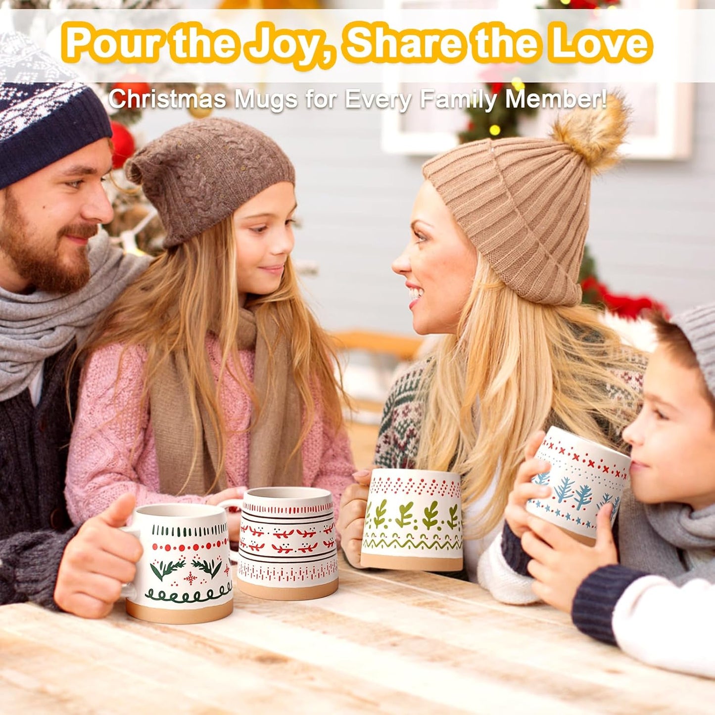 Maustic Christmas Mugs Set of 4, Christmas Coffee Mugs, Ceramic Holiday Mug for Hot Cocoa, Hot Chocolate, Coffee, Tea, Family Gifts, 14 Oz, Microwave & Dishwasher Safe