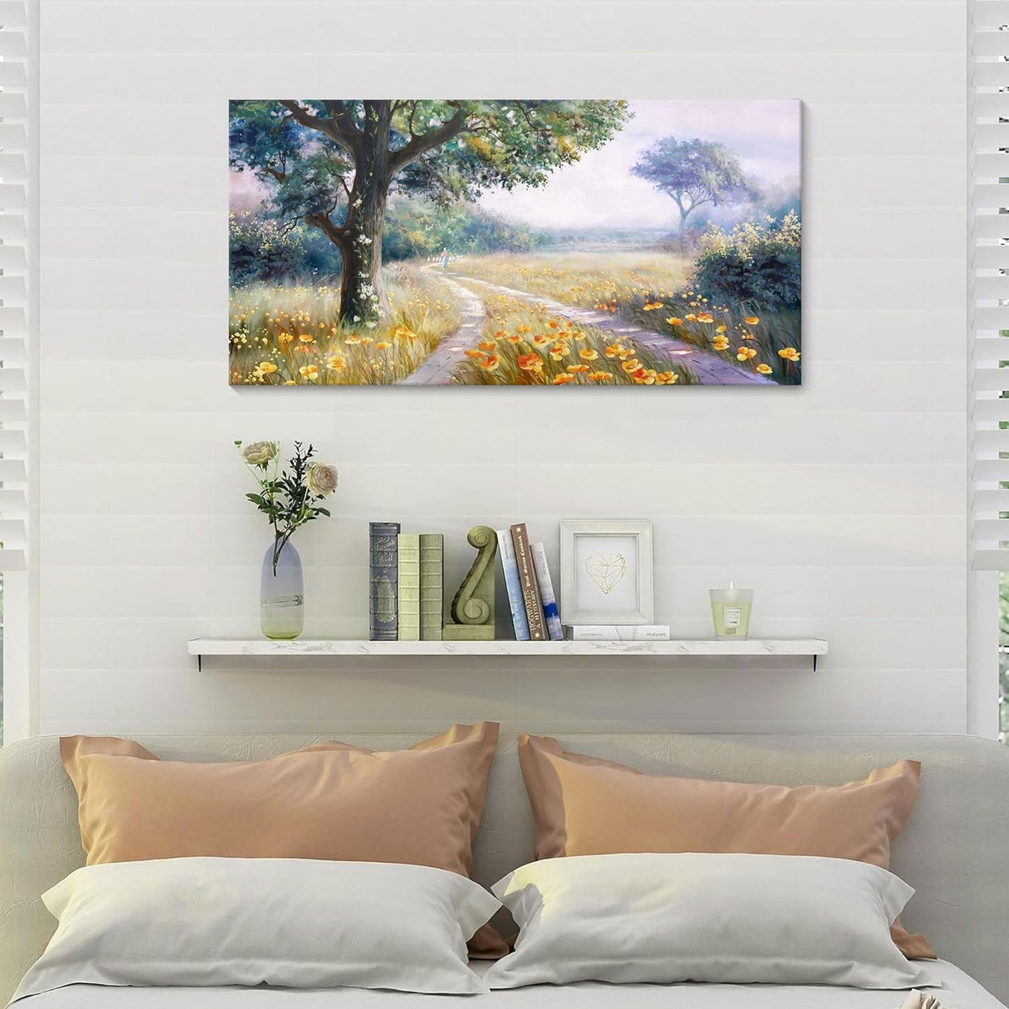 CHATYOUNG Canvas Wall Art Vintage Decor, Rustic Meadow With Wildflowers Painting Poster Prints Landscape Wall Pictures for Living Room Bedroom Bathroom Farmhouse Wall Decor 20"X40"