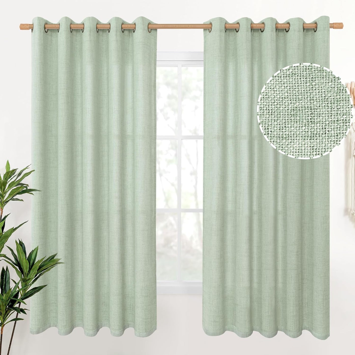 YoungsTex Sage Linen Curtains for Window 63 Inch Length with Bronze Grommet, Privacy Light Filtering Textured Drapes for Bedroom Living Room Office Country Rustic Decorative, 60 x 63 Inch, 2 Panels