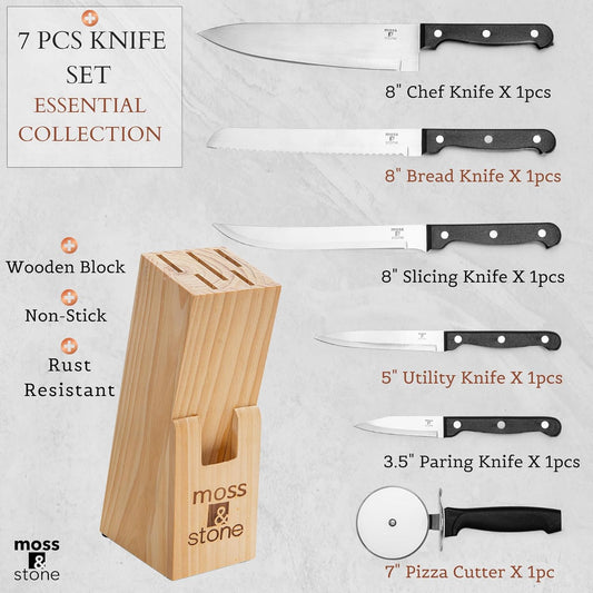 Moss & Stone 7-Piece Kitchen Knife Set with Block – Stainless Steel Serrated Kitchen Knives, High Carbon Blades, Small Cutlery Set for Home Cooking, Compact Countertop Small Knife Set Wood Block