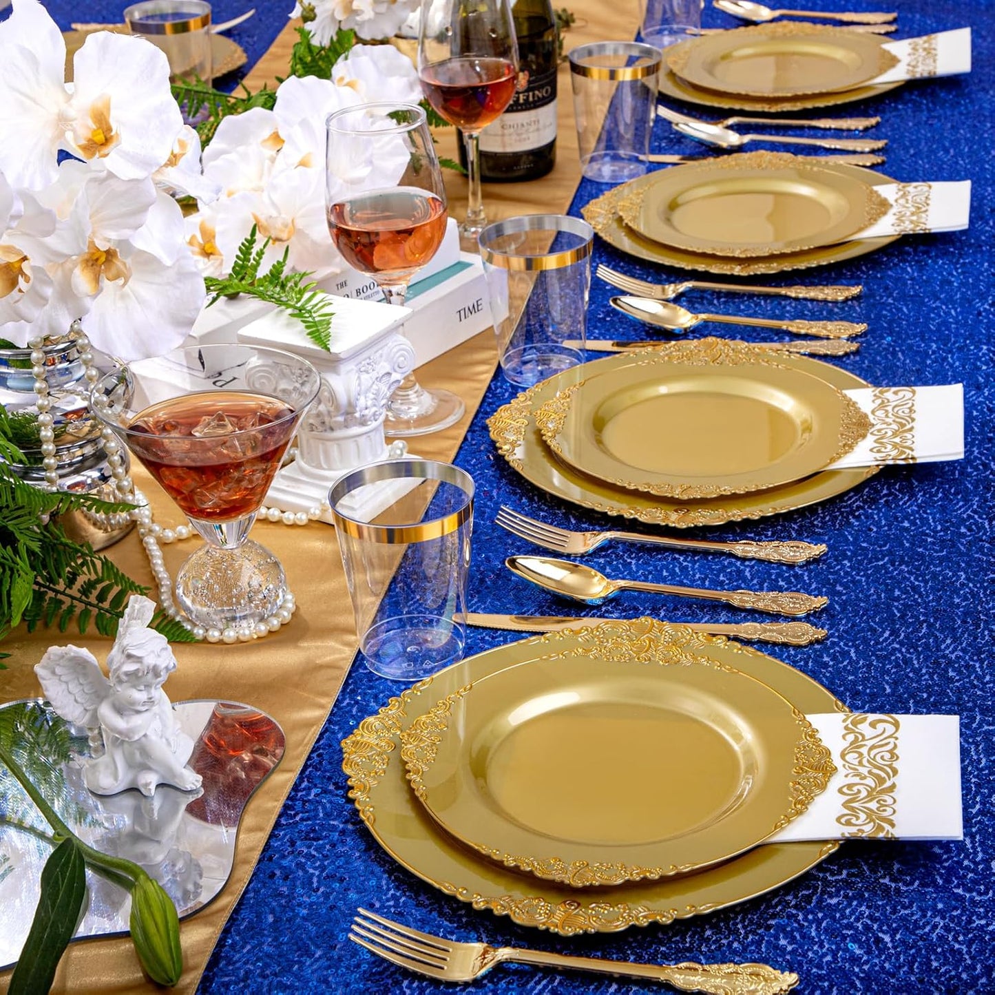 Morejoy 175PCS Solid Gold Plastic Plates with Gold Rim，gold disposable dinnerware sets Include 25 Dinner Plates,25 Dessert Plates,25 Cutlery Sets,25 Napkins Perfect for Party & Thanksgiving