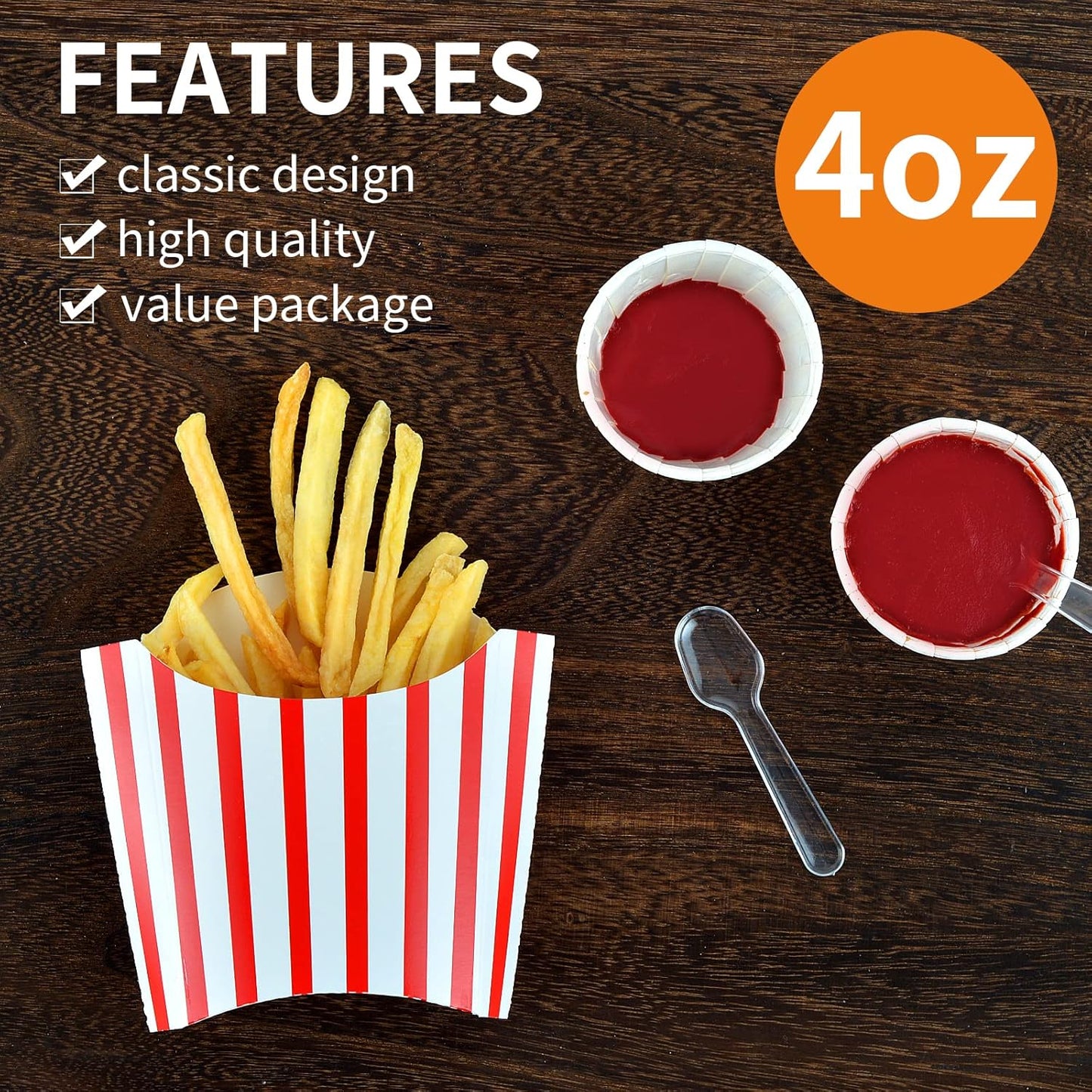 200 Pack 4oz Red French Fry Containers - Small Disposable Charcuterie Cups, Kraft Paper Takeout Boxes for Wedding, Birthday, Carnival Party