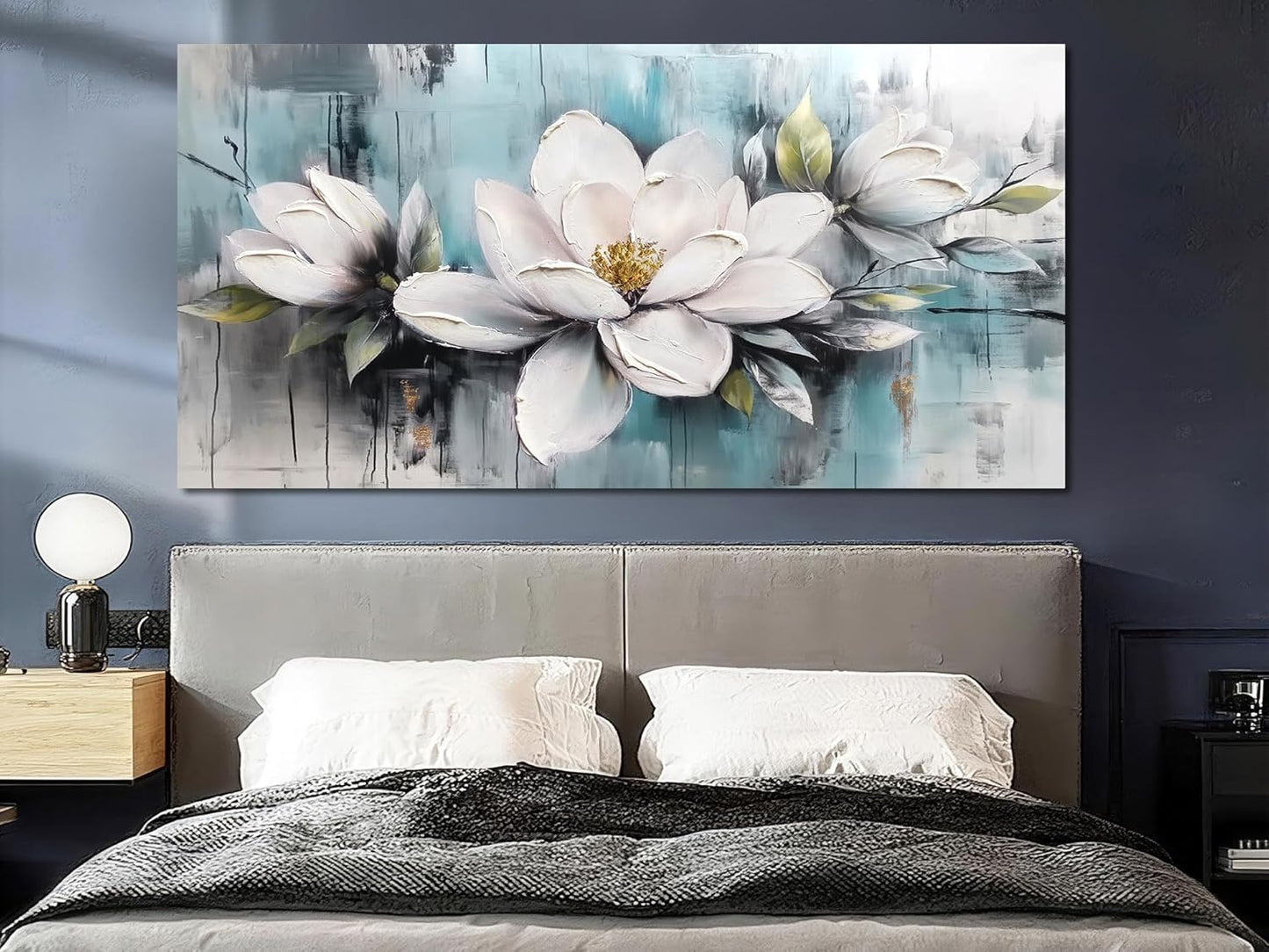 Ardemy Magnolia Wall Art for Living Room, Large White Floral Canvas Wall Art Bedroom Painting Pictures Wall Decor Teal Flower Artwork for Walls Home Office Dining Room, 48"x24"