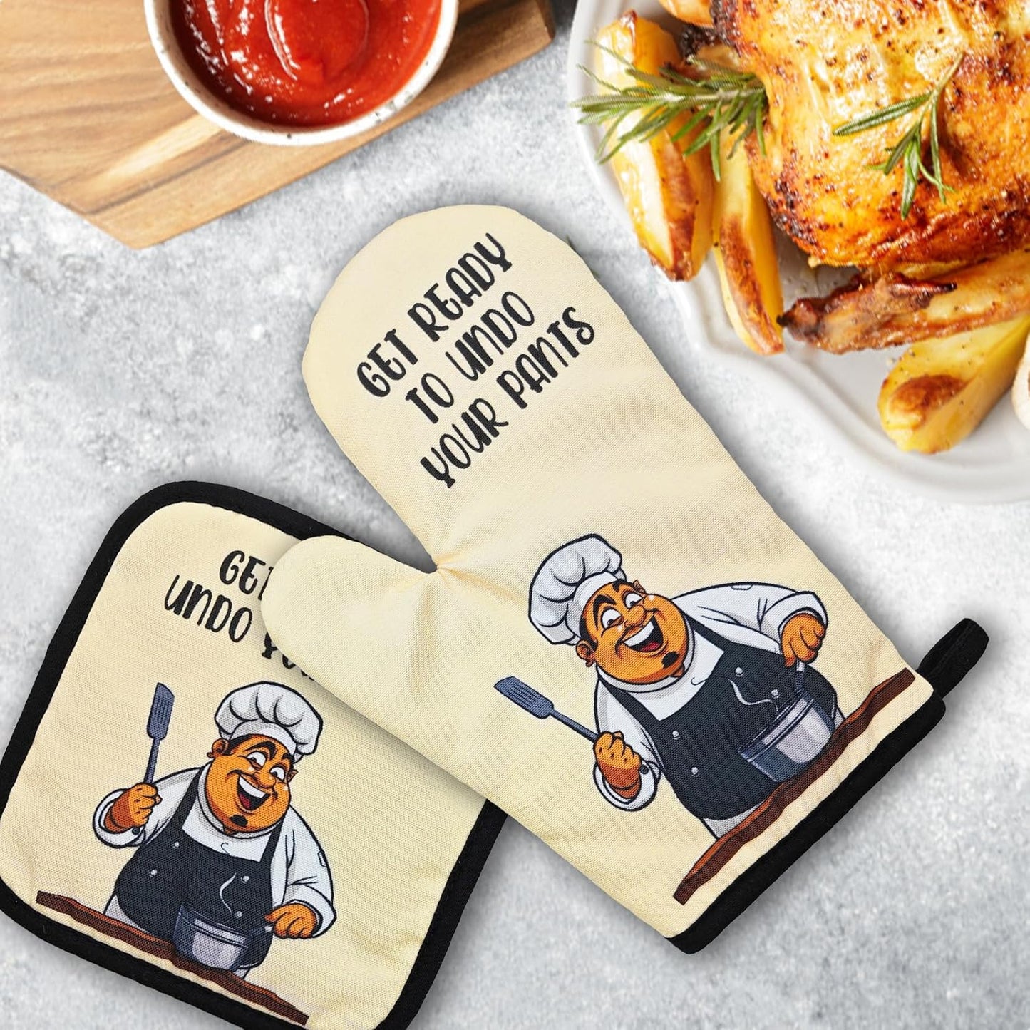 Funny Oven Mitts and Pot Holders Set Get Ready to Undo Your Pants Silicone Non-Slip Oven Mitts Humor Heat Resistant Mitts with Hanging Loop Novelty Kitchen Gifts for Chef Cook Lover Friend