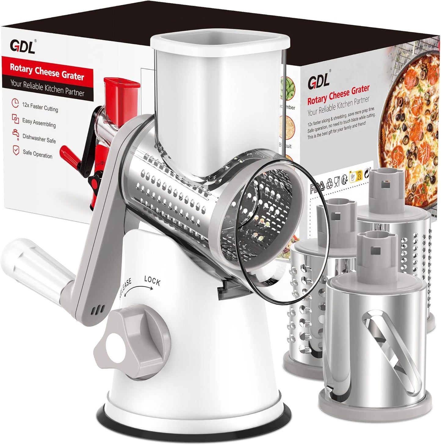 Cheese Grater Rotary, Rotary Grater for Kitchen, Kitchen Grater Vegetable Slicer with 3 Drum Blades, Fast Cutting Cheese Shredder for Vegetables and Nuts