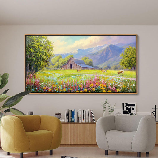 AJAZIKO Rustic Mountain Wall Art - Farmhouse Landscape Wall Decor with Highland Cow & Floral Art - Nature & Country Artwork for Living Room, Bedroom & Walls - Framed Flower Pictures for Home 29x58IN