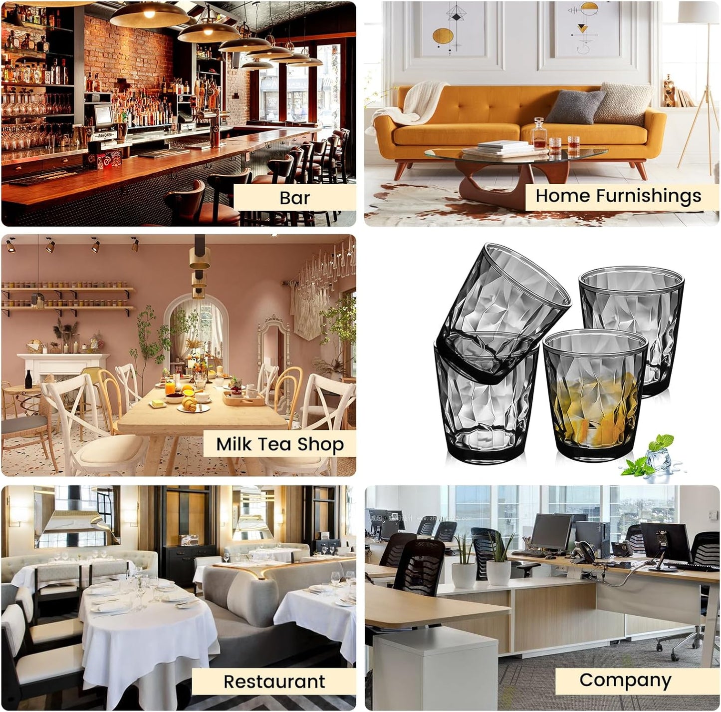 Plastic Glassware Tumbler Dishwasher Safe, Set of 4 Unbreakable Drinking Glasses, 10.5oz Reusable Acrylic Cups for Everyday Use (Black)