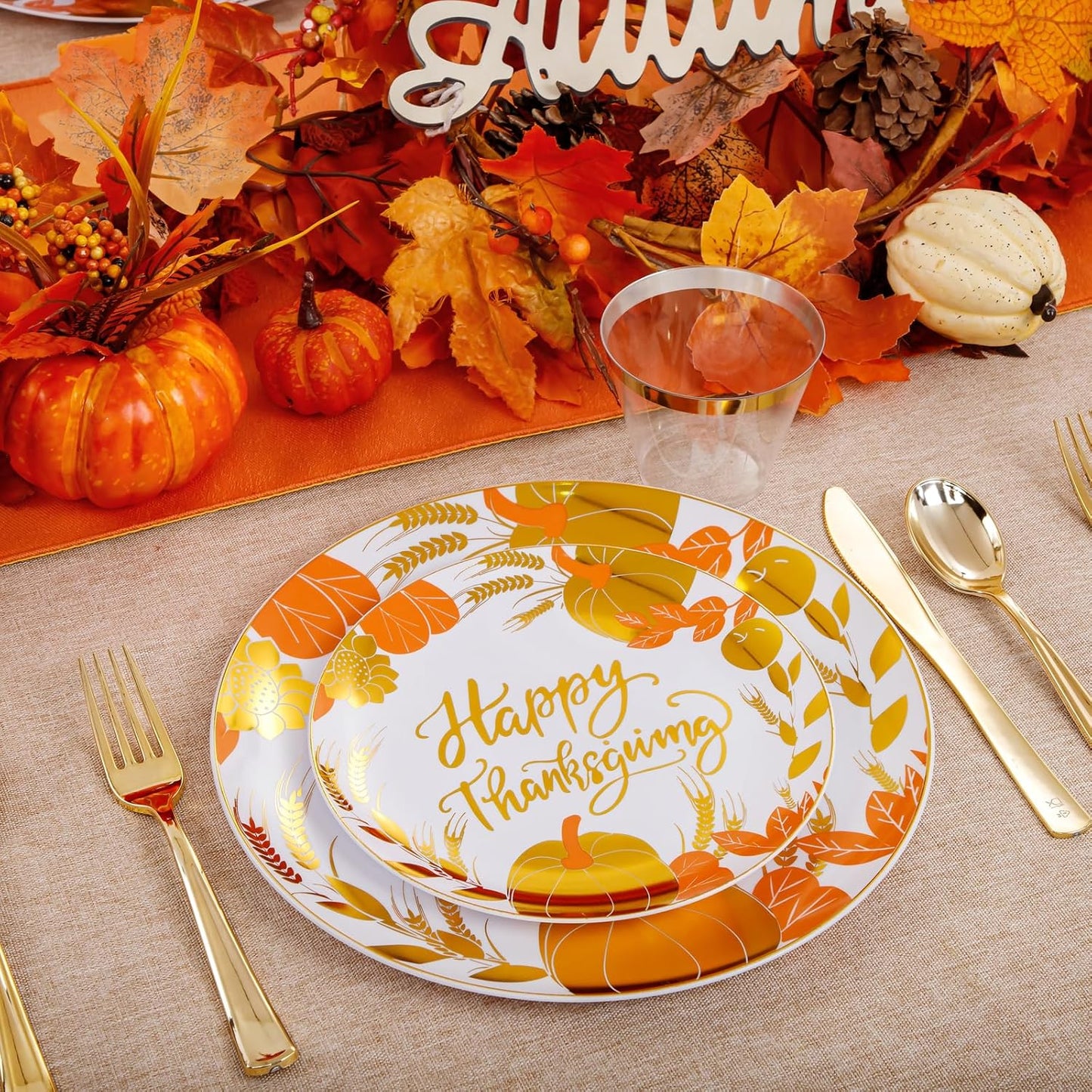 KIRE 150PCS Thanksgiving Plates Dinnerware Pumpkins - Plastic Thanksgiving Plates with Gold Silverware Include 25 for Dinner 25 for Salad 25Forks 25Knives 25Spoons 25Gold Cups