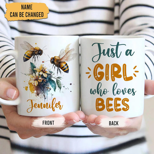Hyturtle Personalized Gifts Bee Lover - Just A Girl Who Loves Bees Custom Name Ceramic Coffee Mug Cup 11oz - Idea Cute Animal Lover Gifts For Women, Girl Daughter On Birthday, Christmas