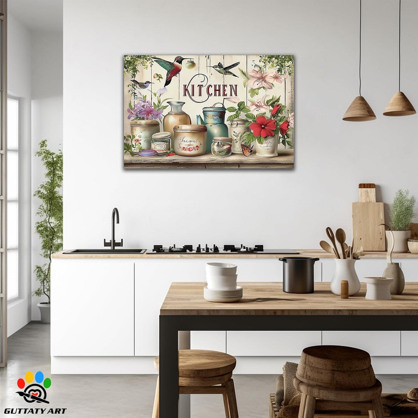 GUTTATY Farmhouse Wall Art Rustic Kitchen Decor, Ready to Hang Kitchen Canvas Print Flowers And Bird,Vintage Posters Prints for Dinning Room Home Kitchen Restaurant Painting 32×48 Inch
