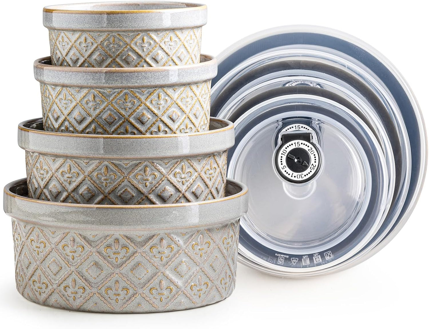 Ceramic Mixing Bowls with Lids Set of 4, Embossed Nesting Storage Bowls for Cooking, Serving, Salad, Popcorn etc, Microwave and Dishwasher Safe, Baking Dishes 12/16/28/40 oz (Gray)