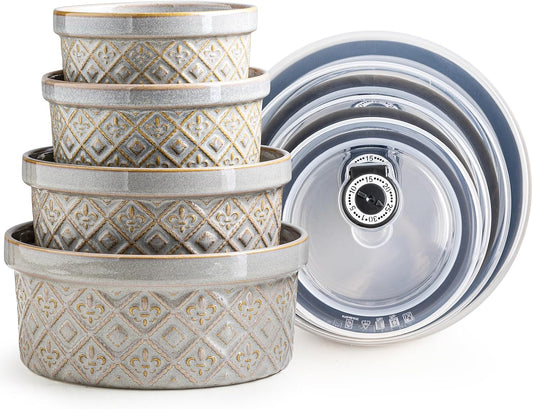 Ceramic Mixing Bowls with Lids Set of 4, Embossed Nesting Storage Bowls for Cooking, Serving, Salad, Popcorn etc, Microwave and Dishwasher Safe, Baking Dishes 12/16/28/40 oz (Gray)